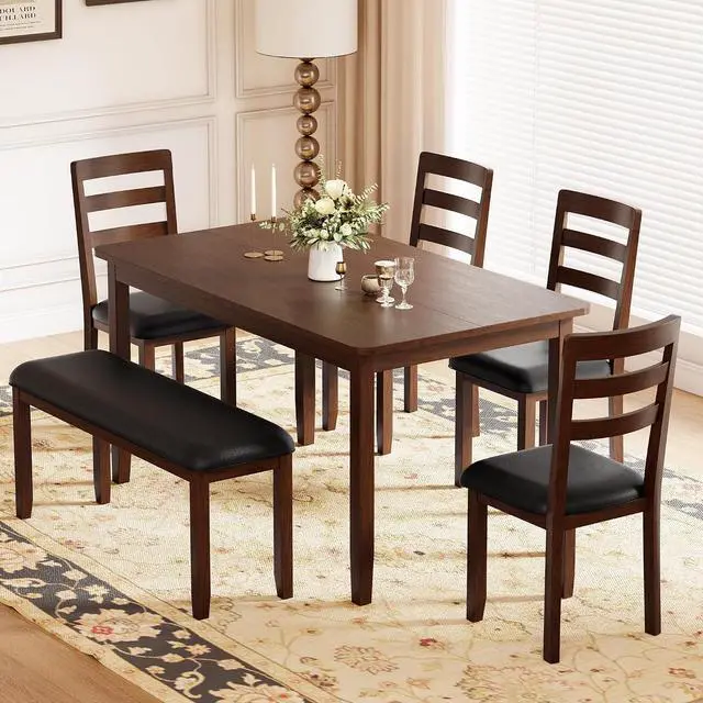 Alt view image 3 of 7 - Solid Wood 6 Piece Dining Table Set, Modern 58"/W Kitchen Table Set for 6 with 4 Upholstered Chairs & 1 Bench, Kitchen & Dining Room Sets for Kitchen, Restaurant (Black & Brown)