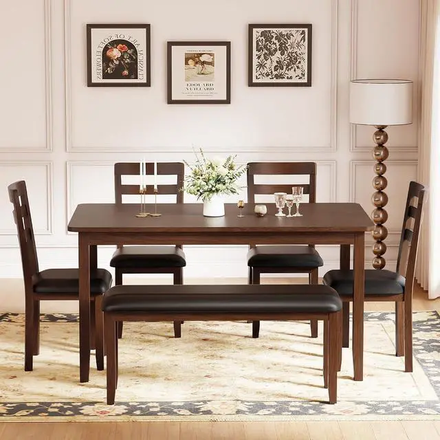 Alt view image 4 of 7 - Solid Wood 6 Piece Dining Table Set, Modern 58"/W Kitchen Table Set for 6 with 4 Upholstered Chairs & 1 Bench, Kitchen & Dining Room Sets for Kitchen, Restaurant (Black & Brown)