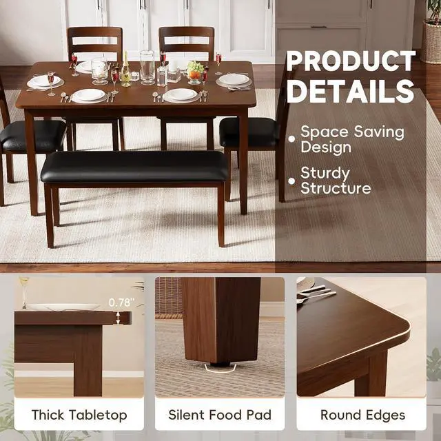 Alt view image 5 of 7 - Solid Wood 6 Piece Dining Table Set, Modern 58"/W Kitchen Table Set for 6 with 4 Upholstered Chairs & 1 Bench, Kitchen & Dining Room Sets for Kitchen, Restaurant (Black & Brown)
