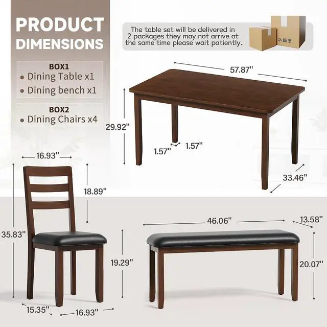 Alt view image 7 of 7 - Solid Wood 6 Piece Dining Table Set, Modern 58"/W Kitchen Table Set for 6 with 4 Upholstered Chairs & 1 Bench, Kitchen & Dining Room Sets for Kitchen, Restaurant (Black & Brown)