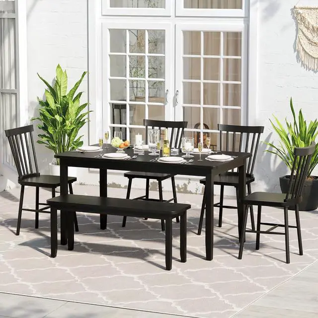 Alt view image 2 of 7 - Solid Wood 6 Piece Dining Table Set, Modern 58"/W Kitchen Table Set for 6 with 4 Windsor Chairs & 1 Bench, Kitchen & Dining Room Sets for Kitchen, Restaurant (Black)