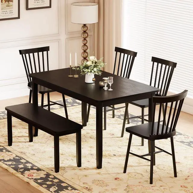 Alt view image 3 of 7 - Solid Wood 6 Piece Dining Table Set, Modern 58"/W Kitchen Table Set for 6 with 4 Windsor Chairs & 1 Bench, Kitchen & Dining Room Sets for Kitchen, Restaurant (Black)