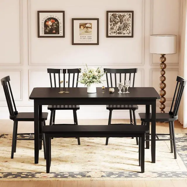 Alt view image 4 of 7 - Solid Wood 6 Piece Dining Table Set, Modern 58"/W Kitchen Table Set for 6 with 4 Windsor Chairs & 1 Bench, Kitchen & Dining Room Sets for Kitchen, Restaurant (Black)
