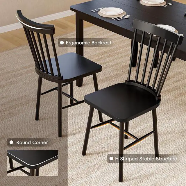Alt view image 5 of 7 - Solid Wood 6 Piece Dining Table Set, Modern 58"/W Kitchen Table Set for 6 with 4 Windsor Chairs & 1 Bench, Kitchen & Dining Room Sets for Kitchen, Restaurant (Black)