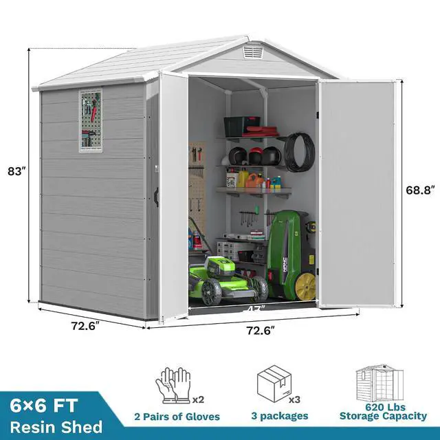 Alt view image 4 of 7 - 6x6 FT Plastic Outdoor Storage Shed - Lockable Resin Tool Shed with Window & Floor - Easy Assembly for Garden, Backyard, Light Gray