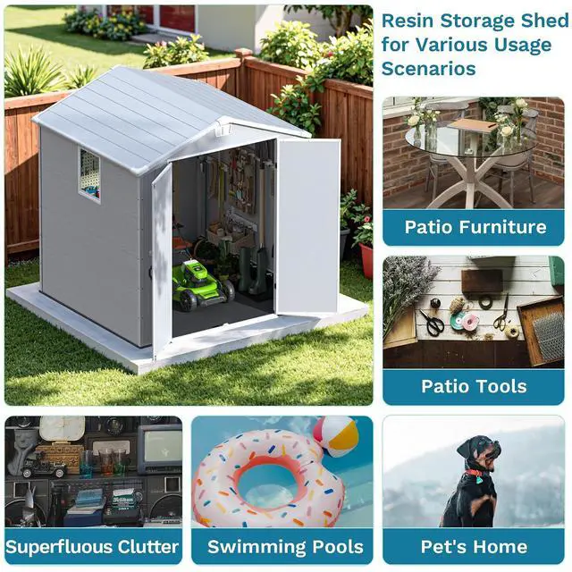 Alt view image 5 of 7 - 6x6 FT Plastic Outdoor Storage Shed - Lockable Resin Tool Shed with Window & Floor - Easy Assembly for Garden, Backyard, Light Gray