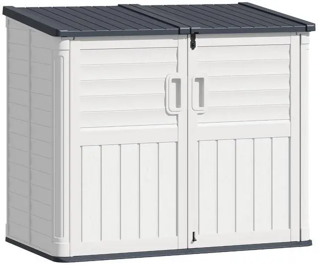 Main image of 34 Cu Ft Resin Storage Shed, Waterproof Outdoor Storage Cabinet with Sloping Roof & Lockable Lid for Garden Tools, Trash Cans (Beige)