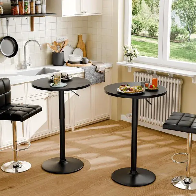 Alt view image 2 of 7 - Bistro Pub Table Height Adjustable Round Bar Table 27.4-36 Inches, 360°Swivel Cocktail Table for Dining Room, Party, Café (2, Black)
