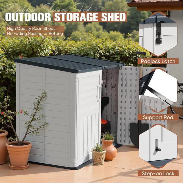 Alt view image 2 of 6 - 34 Cu Ft Resin Storage Shed, Waterproof Outdoor Storage Cabinet with Sloping Roof & Lockable Lid for Garden Tools, Trash Cans (Beige)