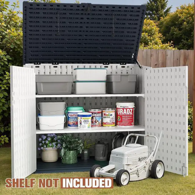 Alt view image 5 of 6 - 34 Cu Ft Resin Storage Shed, Waterproof Outdoor Storage Cabinet with Sloping Roof & Lockable Lid for Garden Tools, Trash Cans (Beige)