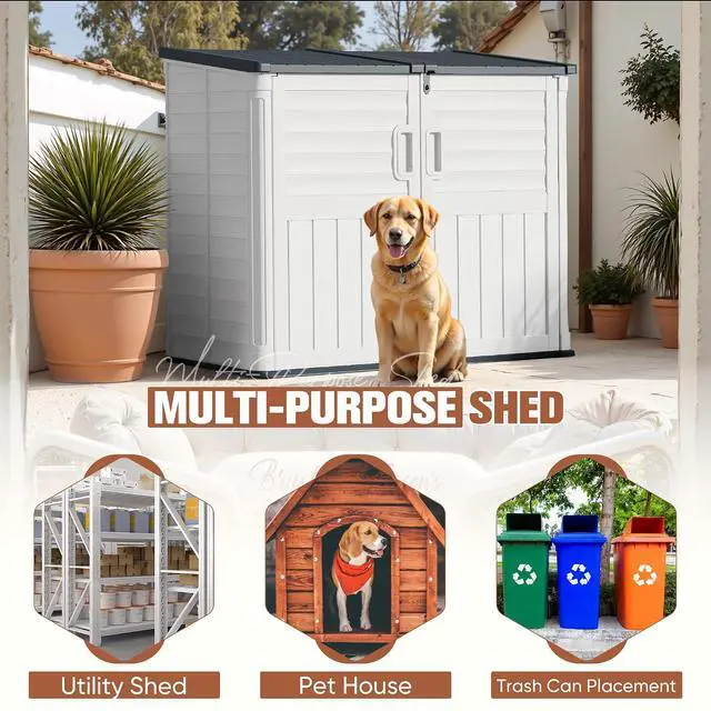 Alt view image 4 of 6 - 34 Cu Ft Resin Storage Shed, Waterproof Outdoor Storage Cabinet with Sloping Roof & Lockable Lid for Garden Tools, Trash Cans (Beige)