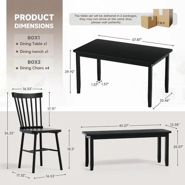 Alt view image 7 of 7 - Solid Wood 6 Piece Dining Table Set, Modern 58"/W Kitchen Table Set for 6 with 4 Windsor Chairs & 1 Bench, Kitchen & Dining Room Sets for Kitchen, Restaurant (Black)