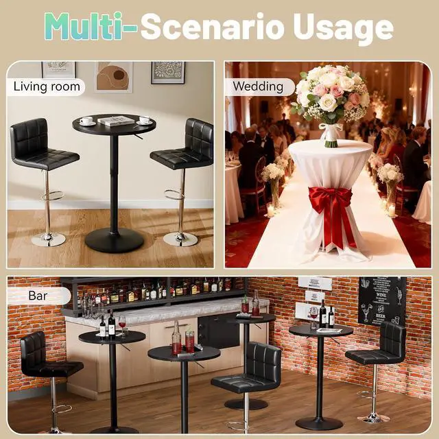 Alt view image 7 of 7 - Bistro Pub Table Height Adjustable Round Bar Table 27.4-36 Inches, 360°Swivel Cocktail Table for Dining Room, Party, Café (2, Black)