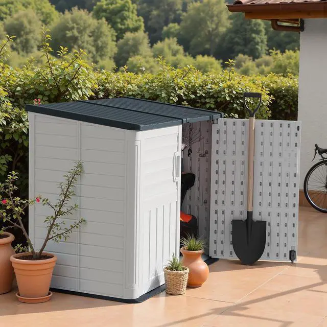 Alt view image 6 of 6 - 34 Cu Ft Resin Storage Shed, Waterproof Outdoor Storage Cabinet with Sloping Roof & Lockable Lid for Garden Tools, Trash Cans (Beige)