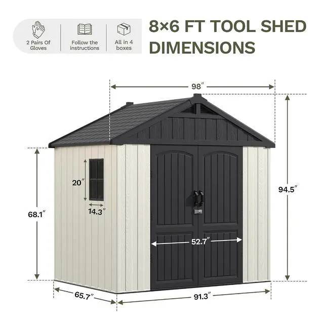 Alt view image 2 of 7 - Plastic Outdoor Storage Shed with Floor, 8 x 6 FT Resin Tool Garden Shed with DIY Window and Lockable Door, Outside Kick-it Shed for Patio,Garden, Backyard, Lawn, Beige