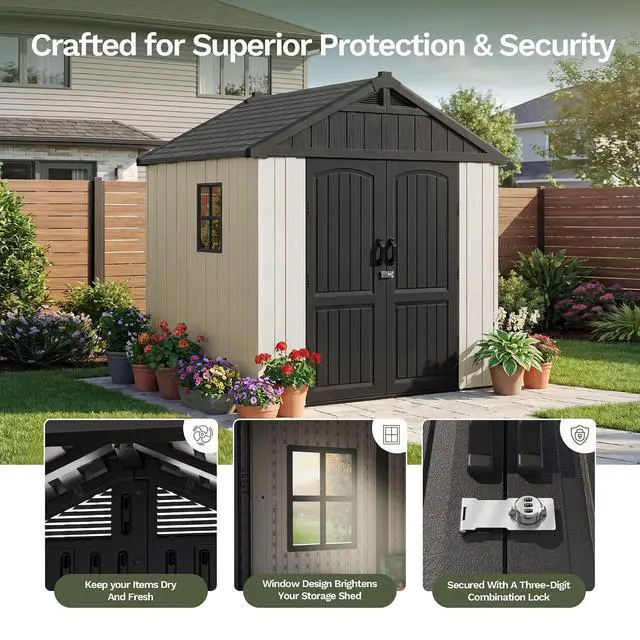 Alt view image 3 of 7 - Plastic Outdoor Storage Shed with Floor, 8 x 6 FT Resin Tool Garden Shed with DIY Window and Lockable Door, Outside Kick-it Shed for Patio,Garden, Backyard, Lawn, Beige