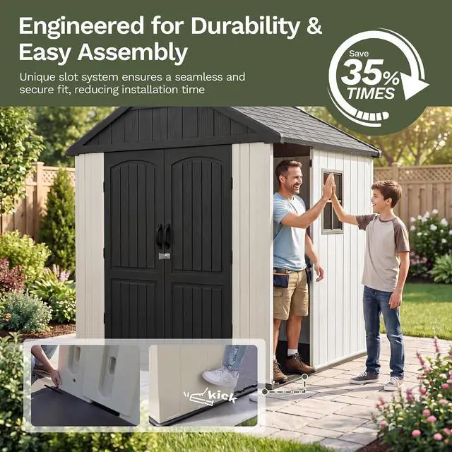 Alt view image 4 of 7 - Plastic Outdoor Storage Shed with Floor, 8 x 6 FT Resin Tool Garden Shed with DIY Window and Lockable Door, Outside Kick-it Shed for Patio,Garden, Backyard, Lawn, Beige