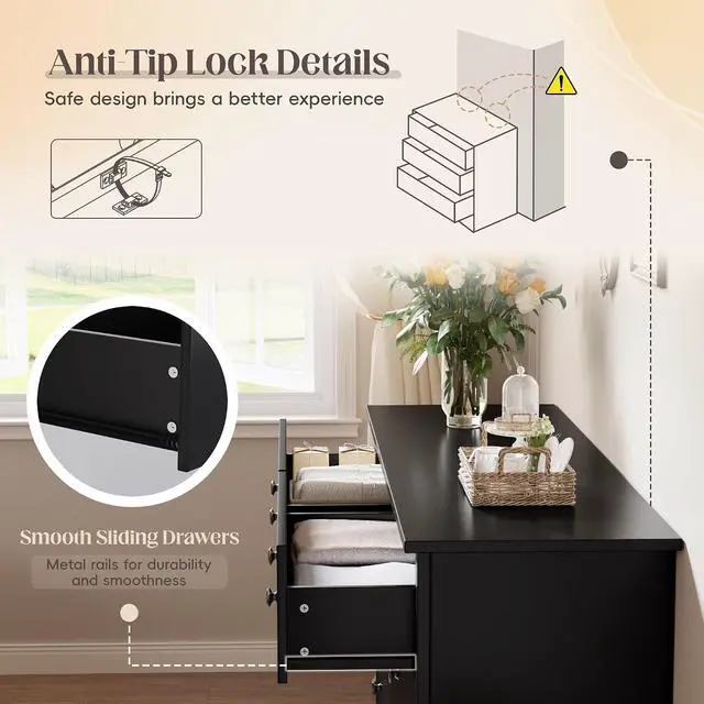 Alt view image 5 of 7 - Black Dresser for Bedroom, 6 Wood Dresser Drawers, Wide Chest of Drawers, Storage Tower Unit, Modern Design for Bedroom, Living Room, Hallway, Entryway