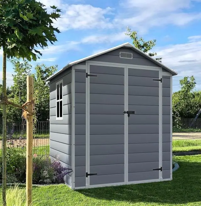 Main image of 6x4 FT Plastic Outdoor Storage Shed with Lockable Door, Outside Tool Shed with Floor for Backyard, Patio, Lawn, Light Grey