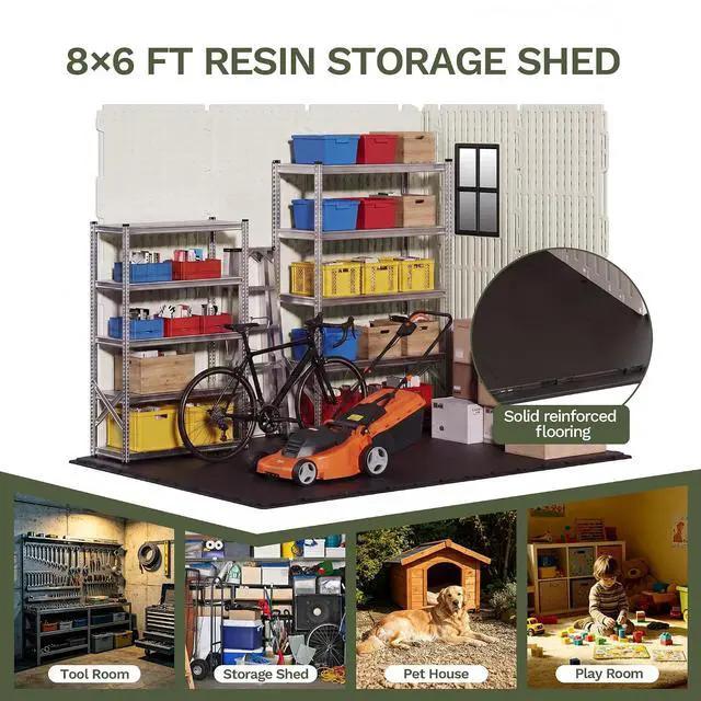 Alt view image 5 of 7 - Plastic Outdoor Storage Shed with Floor, 8 x 6 FT Resin Tool Garden Shed with DIY Window and Lockable Door, Outside Kick-it Shed for Patio,Garden, Backyard, Lawn, Beige