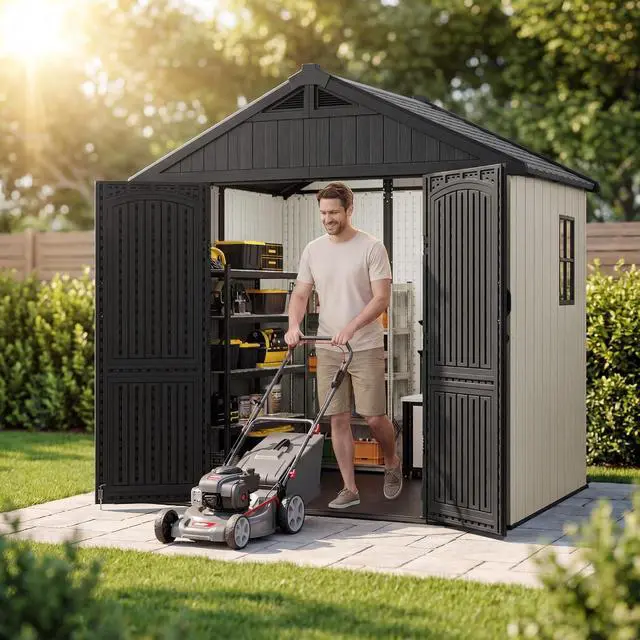 Alt view image 7 of 7 - Plastic Outdoor Storage Shed with Floor, 8 x 6 FT Resin Tool Garden Shed with DIY Window and Lockable Door, Outside Kick-it Shed for Patio,Garden, Backyard, Lawn, Beige