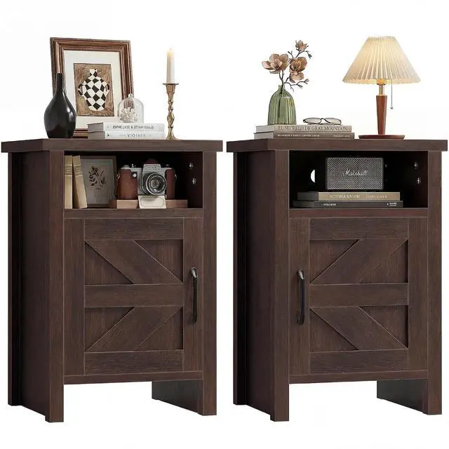 Main image of Farmhouse Nightstand, Modern Bedside Table with Barn Door and Shelf, Rustic End Table Side Table for Bedroom, Living Room(2,Brown)