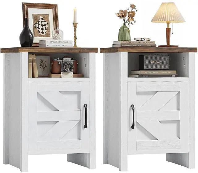 Main image of Farmhouse Nightstand, Modern Bedside Table with Barn Door and Shelf, Rustic End Table Side Table for Bedroom, Living Room(2, Rustic & White)