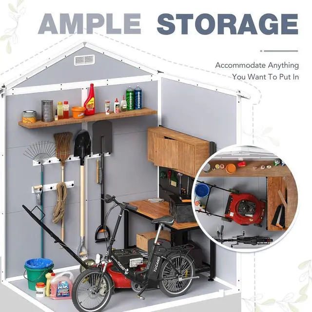 Alt view image 3 of 6 - 6 x 4 FT Plastic Outdoor Storage Shed with Floor, Resin Garden Shed with Window, Outside Waterproof Tool Shed with Lockable Door for Backyard, Patio, Poolside, Light Grey