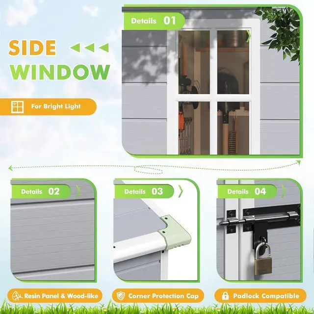 Alt view image 4 of 6 - 6 x 4 FT Plastic Outdoor Storage Shed with Floor, Resin Garden Shed with Window, Outside Waterproof Tool Shed with Lockable Door for Backyard, Patio, Poolside, Light Grey