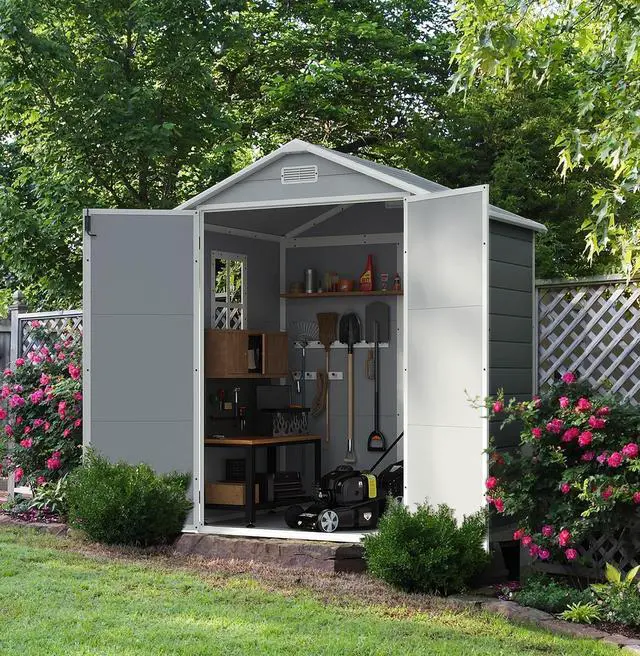 Alt view image 6 of 6 - 6 x 4 FT Plastic Outdoor Storage Shed with Floor, Resin Garden Shed with Window, Outside Waterproof Tool Shed with Lockable Door for Backyard, Patio, Poolside, Light Grey