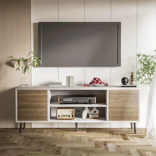 Main image of TV Stand for 65 Inch TV, Mid Century Modern TV Stand, Entertainment Center with Storage Cabinet and Open Shelves, TV Console Table Media Cabinet for Living Room, and Bedroom (Oak)