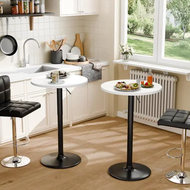Alt view image 2 of 7 - Bistro Pub Table Height Adjustable Round Bar Table 27.4-36 Inches, 360°Swivel Cocktail Table for Dining Room, Party, Café (4, White-Black)