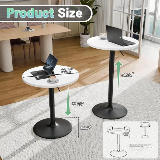 Alt view image 3 of 7 - Bistro Pub Table Height Adjustable Round Bar Table 27.4-36 Inches, 360°Swivel Cocktail Table for Dining Room, Party, Café (4, White-Black)