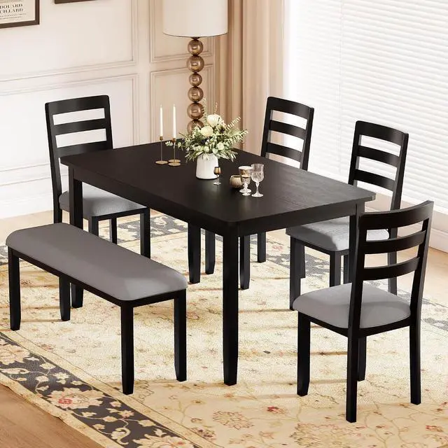 Alt view image 3 of 7 - Solid Wood 6 Piece Dining Table Set, Modern 58"/W Kitchen Table Set for 6 with 4 Upholstered Chairs & 1 Bench, Kitchen & Dining Room Sets for Kitchen, Restaurant (Black & Grey)