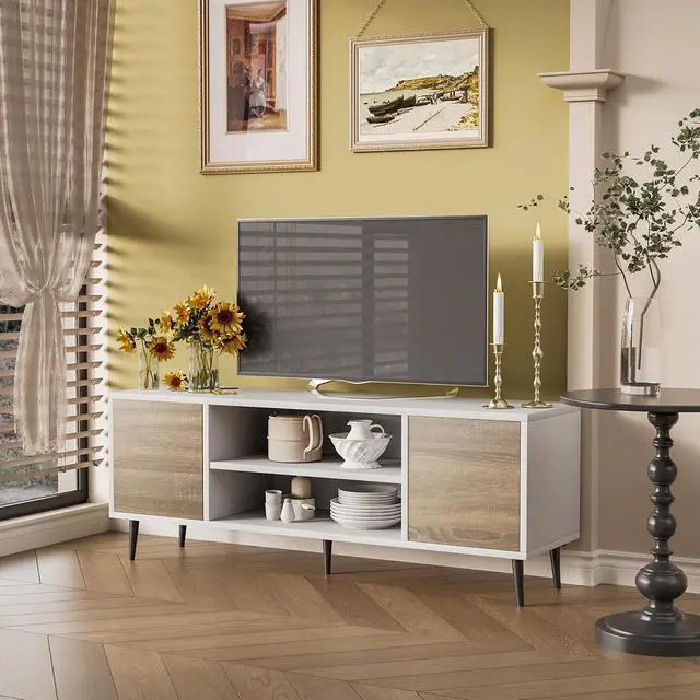 Alt view image 7 of 7 - TV Stand for 65 Inch TV, Mid Century Modern TV Stand, Entertainment Center with Storage Cabinet and Open Shelves, TV Console Table Media Cabinet for Living Room, and Bedroom (Oak)