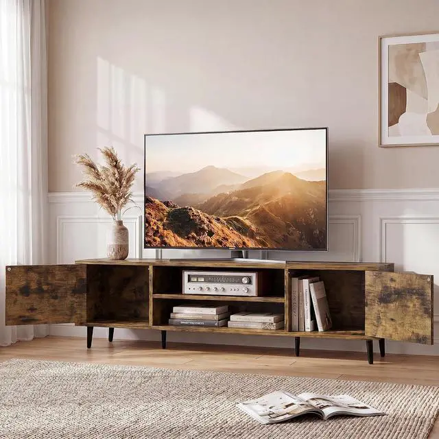 Alt view image 2 of 6 - Mid-Century Modern TV Stand for 65-70 Inch TVs, 63 Inch Media Console with Storage, Entertainment Center with Push-Open Cabinets and Cable Management for Living Room (Rustic Brown, 63 Inches)