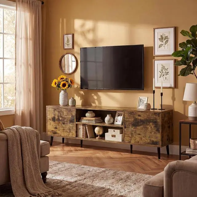Alt view image 4 of 6 - Mid-Century Modern TV Stand for 65-70 Inch TVs, 63 Inch Media Console with Storage, Entertainment Center with Push-Open Cabinets and Cable Management for Living Room (Rustic Brown, 63 Inches)
