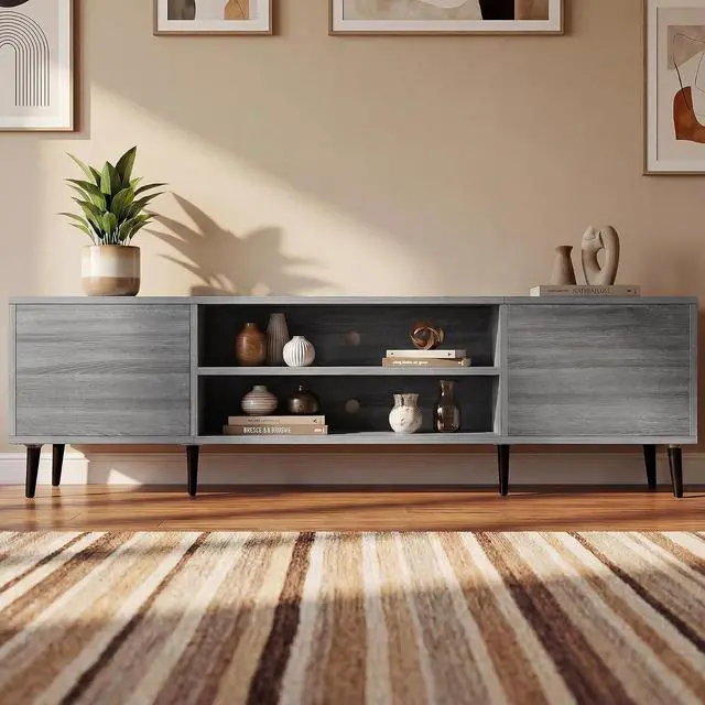 Main image of Mid-Century Modern TV Stand for 65-70 Inch TVs, 63 Inch Media Console with Storage, Entertainment Center with Push-Open Cabinets and Cable Management for Living Room (Grey, 63 Inches)