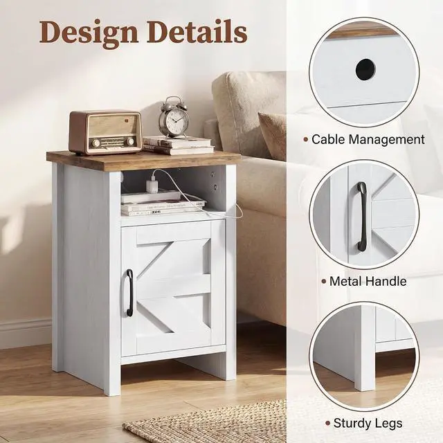 Alt view image 6 of 7 - Farmhouse Nightstand, Modern Bedside Table with Barn Door and Shelf, Rustic End Table Side Table for Bedroom, Living Room(2, Rustic & White)