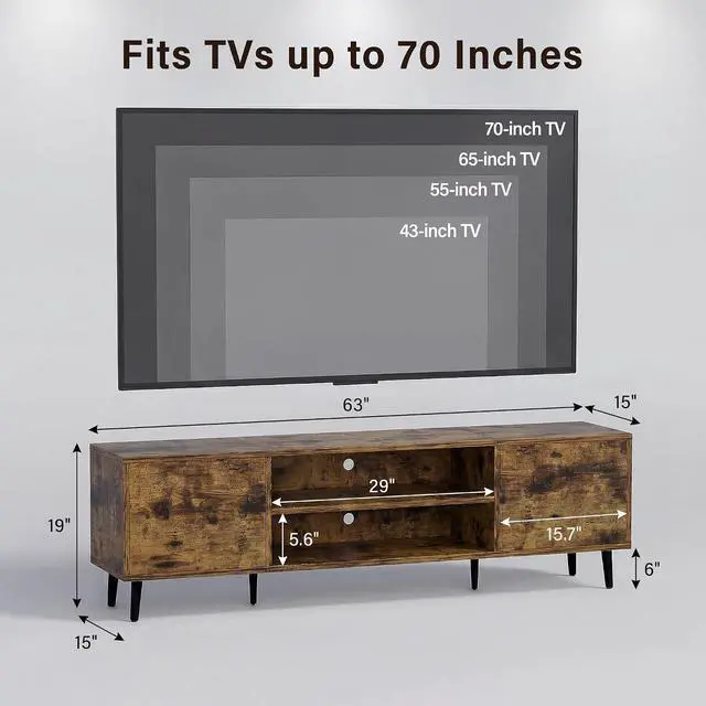 Alt view image 6 of 6 - Mid-Century Modern TV Stand for 65-70 Inch TVs, 63 Inch Media Console with Storage, Entertainment Center with Push-Open Cabinets and Cable Management for Living Room (Rustic Brown, 63 Inches)