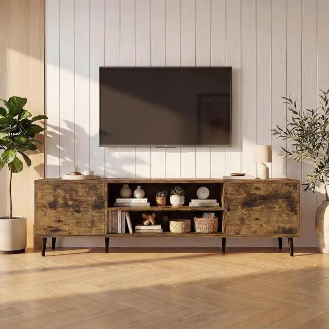 Alt view image 5 of 6 - Mid-Century Modern TV Stand for 65-70 Inch TVs, 63 Inch Media Console with Storage, Entertainment Center with Push-Open Cabinets and Cable Management for Living Room (Rustic Brown, 63 Inches)