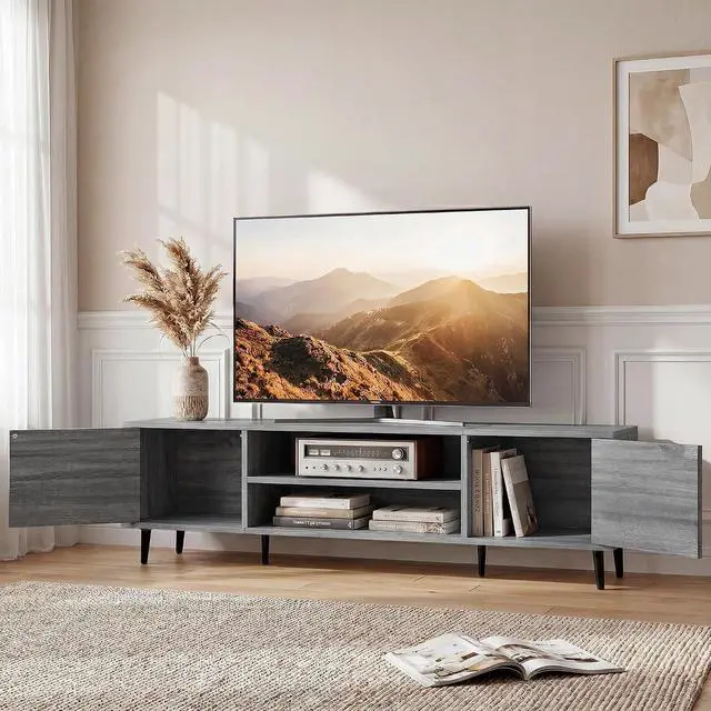 Alt view image 2 of 6 - Mid-Century Modern TV Stand for 65-70 Inch TVs, 63 Inch Media Console with Storage, Entertainment Center with Push-Open Cabinets and Cable Management for Living Room (Grey, 63 Inches)