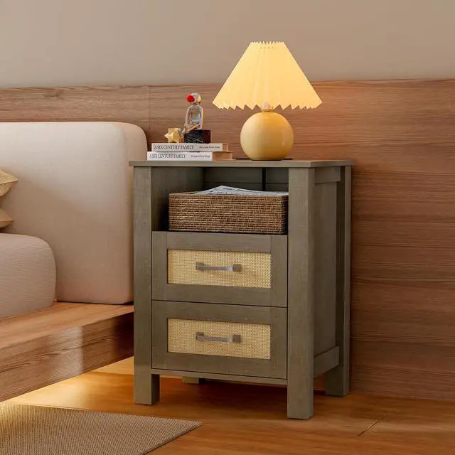 Alt view image 2 of 7 - 26.18" End Table with Charging Station and Rattan Drawers, Farmhouse Nighstand, Wooden Storage Bedside Table, Living Room, Bedroom(1, Vintage Gray)