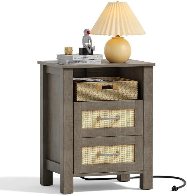 Main image of 26.18" End Table with Charging Station and Rattan Drawers, Farmhouse Nighstand, Wooden Storage Bedside Table, Living Room, Bedroom(1, Vintage Gray)