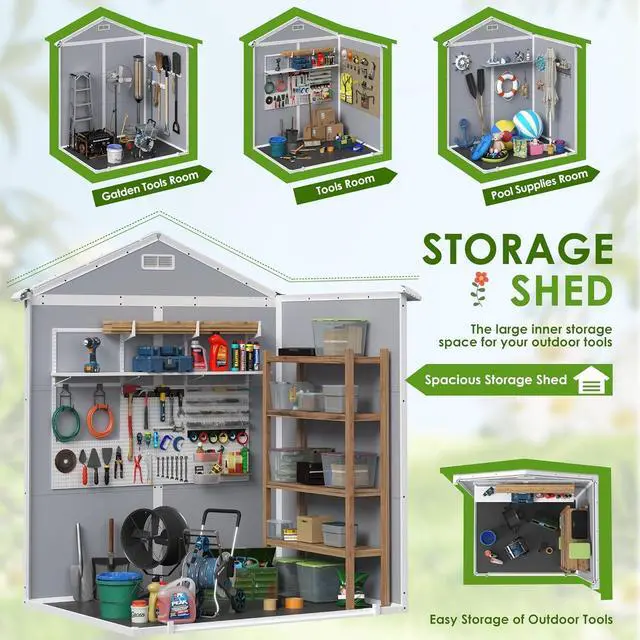 Alt view image 3 of 5 - 6x4 FT Outdoor Storage Shed with Floor Lockable Resin Garden Shed, Waterproof Plastic Tool Storage for Patio, Backyard & Lawn