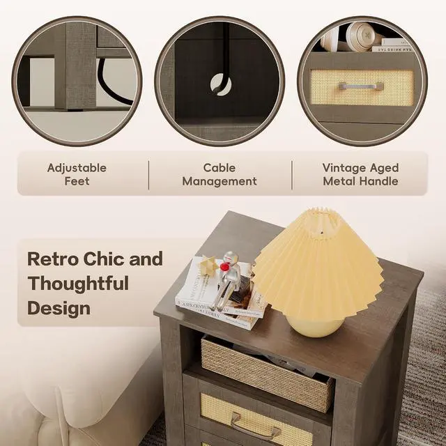 Alt view image 6 of 7 - 26.18" End Table with Charging Station and Rattan Drawers, Farmhouse Nighstand, Wooden Storage Bedside Table, Living Room, Bedroom(1, Vintage Gray)