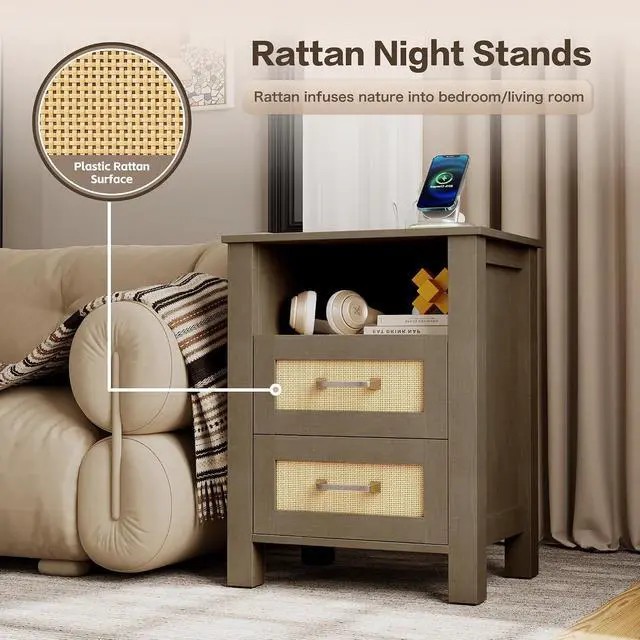Alt view image 5 of 7 - 26.18" End Table with Charging Station and Rattan Drawers, Farmhouse Nighstand, Wooden Storage Bedside Table, Living Room, Bedroom(1, Vintage Gray)