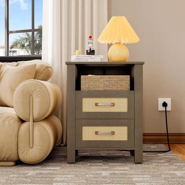 Alt view image 7 of 7 - 26.18" End Table with Charging Station and Rattan Drawers, Farmhouse Nighstand, Wooden Storage Bedside Table, Living Room, Bedroom(1, Vintage Gray)