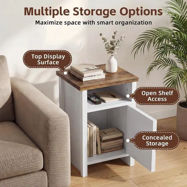 Alt view image 7 of 7 - Farmhouse Nightstand, Modern Bedside Table with Barn Door and Shelf, Rustic End Table Side Table for Bedroom, Living Room(2, Rustic & White)