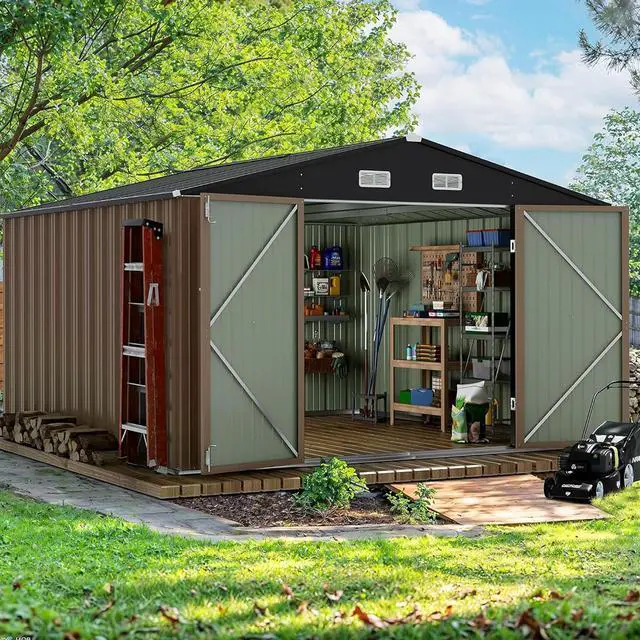 Main image of 10 x 10 FT Outdoor Storage Shed, Metal Garden Sheds & Outdoor Storage Clearance, Large Tool Shed Outdoor with Single Lockable Door for Patio Lawn Backyard (Brown)